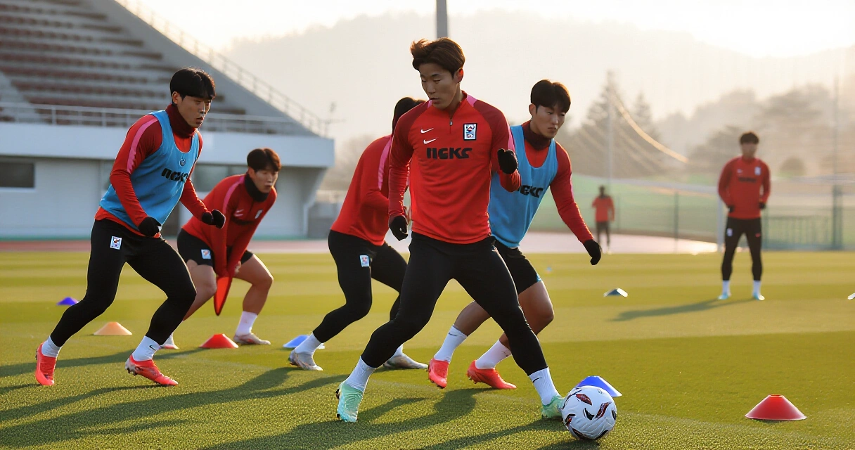 부산아이파크 선수단 훈련 장면, 그라운드에서 패스 훈련 중인 축구 선수들