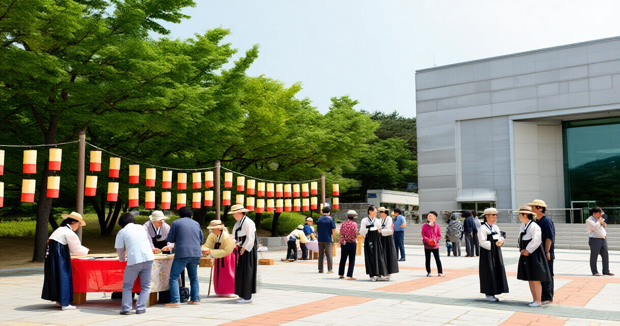 한국 공공 광장에서 문화 행사에 참여하는 시민들의 모습