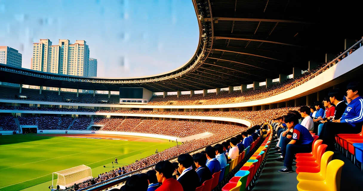 한국 스포츠 경기장 관중석 전경, 낮 경기 햇빛 아래 팬들로 가득 찬 모습