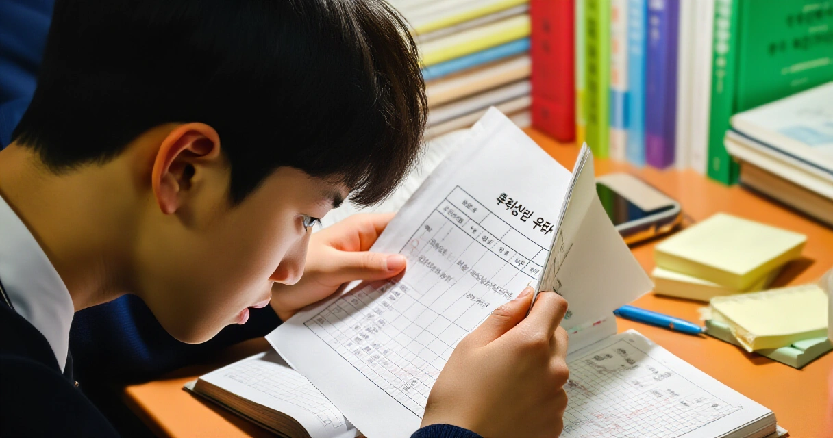 학생부 종합전형을 준비하는 고등학생이 생활기록부를 검토하는 모습