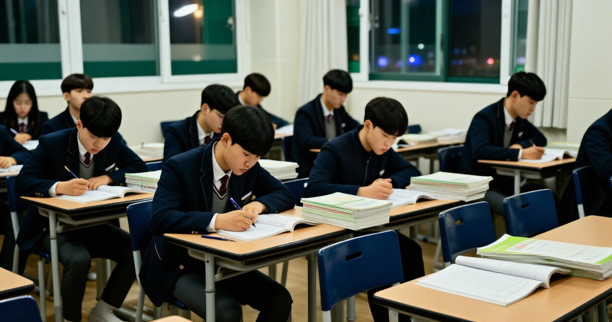 한국 학원에서 늦은 밤까지 공부하는 고등학생들