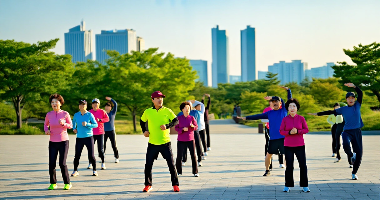 한국 시민들이 공원에서 함께 운동하는 모습