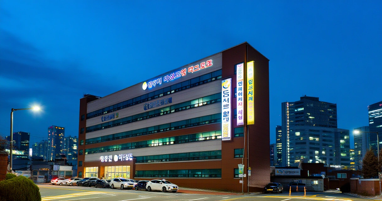 서울 강남 학원가 밤거리의 학원 건물과 네온사인