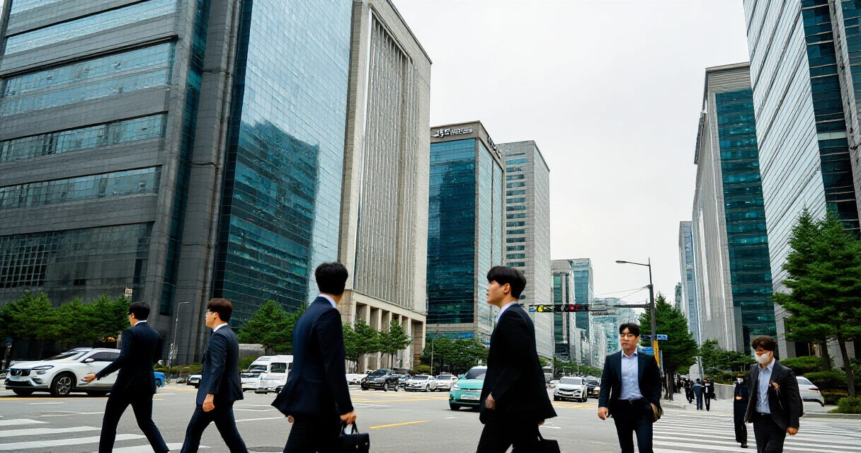 서울 금융가 빌딩 거리, 투자자들이 바쁘게 걷는 모습
