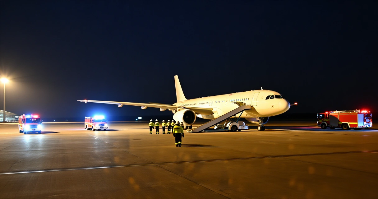 공항 활주로에서 야간 비상 대응 중인 소방차와 구조대원들