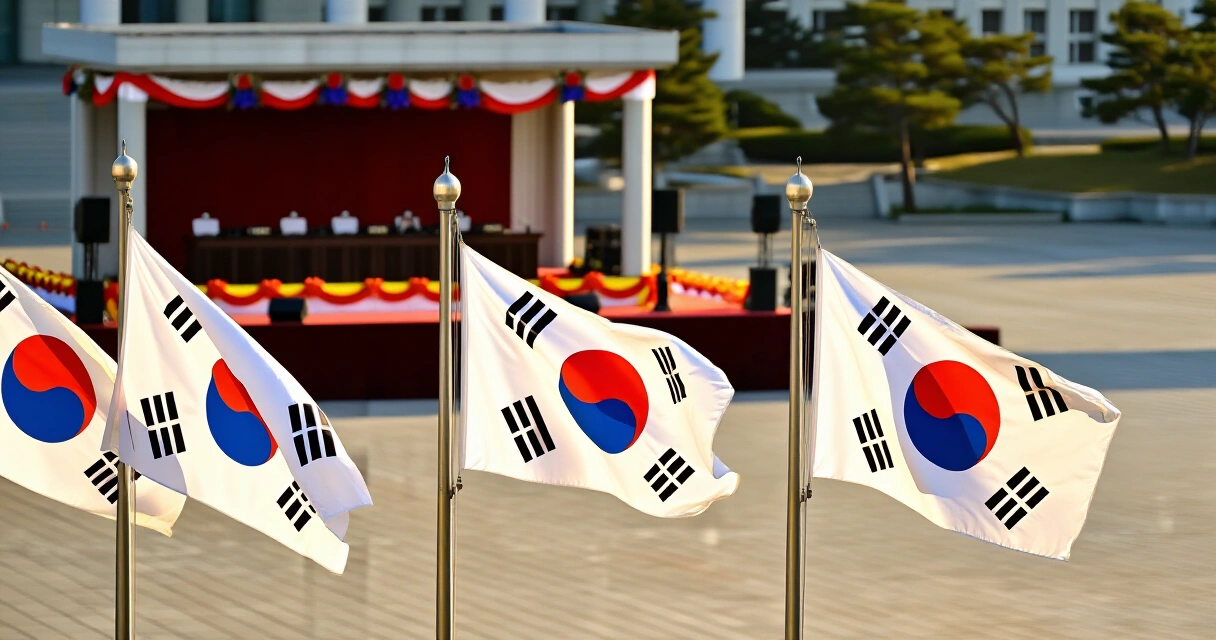 광복절 경축식 행사장에 걸린 태극기들