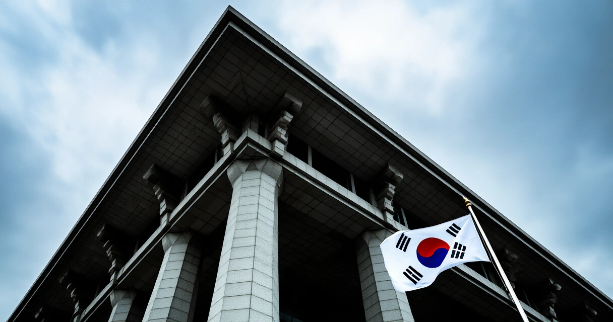 한국 정부 청사 외관과 태극기