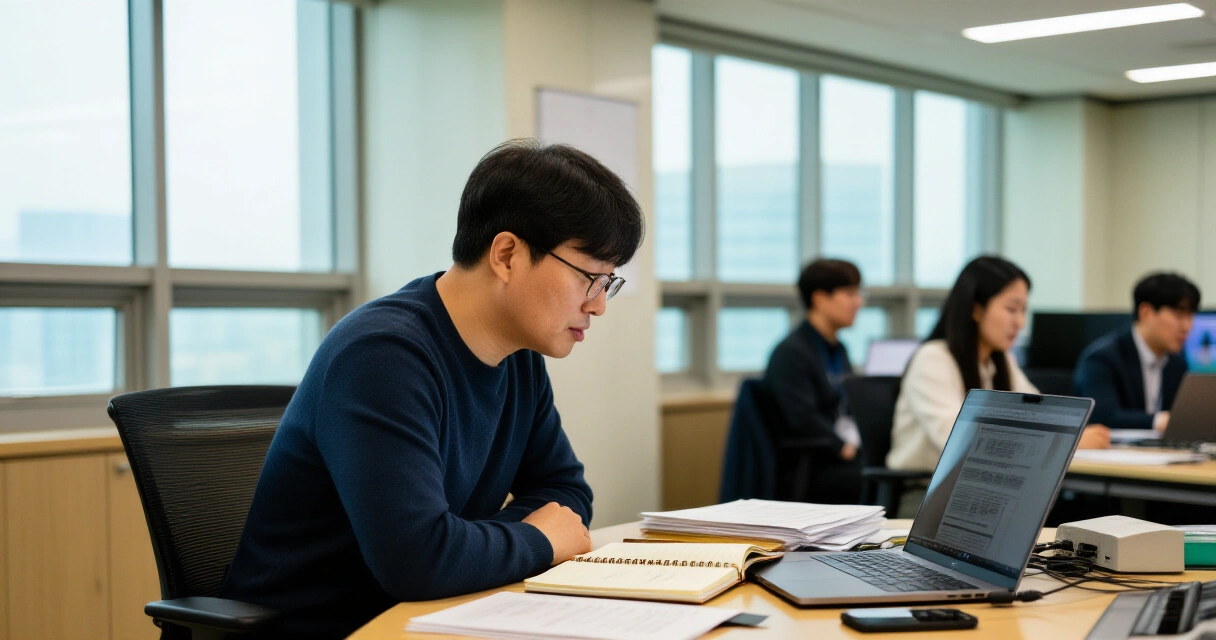 한국 언론사 취재 과정 — 뉴스룸에서 자료를 검토하는 기자