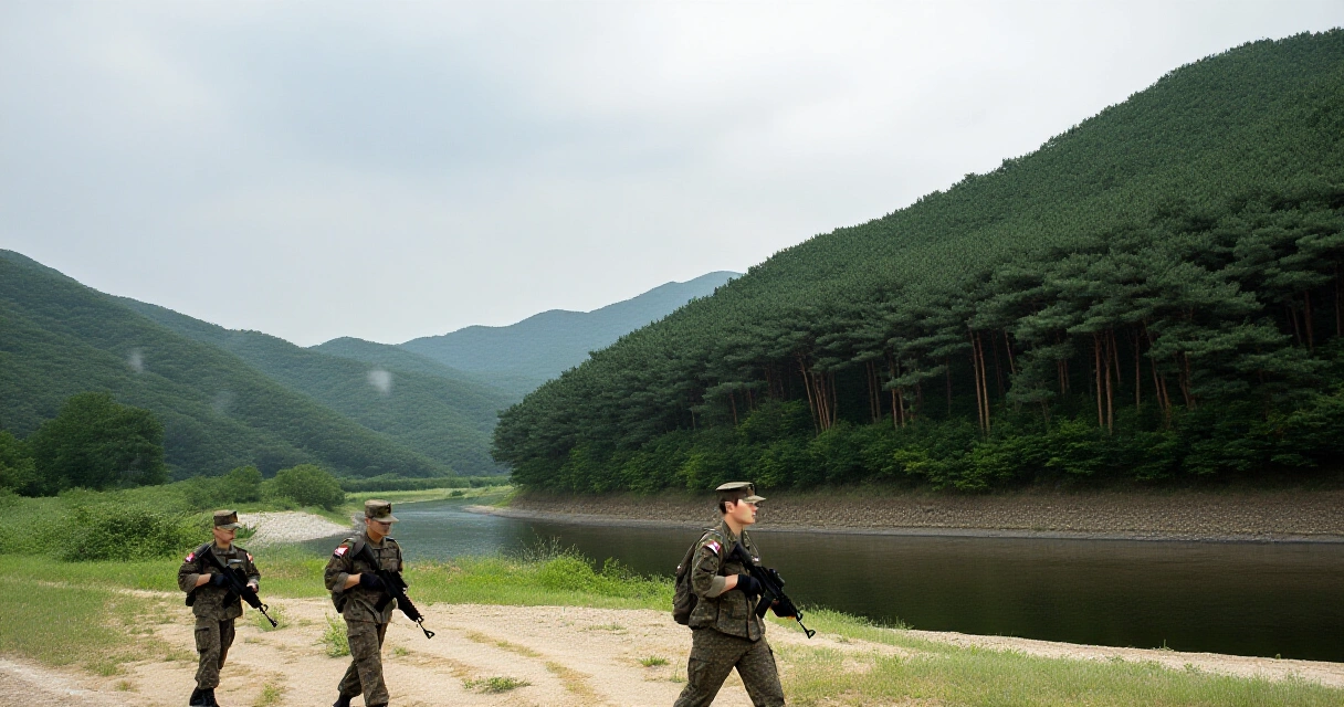 동부 전선 산악 지역에서 순찰 중인 한국군 병사들