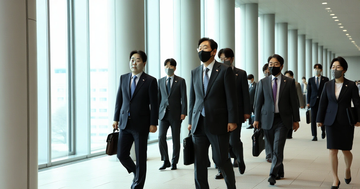 한국 정부 외교관들이 협상 회의장 복도를 걷는 모습