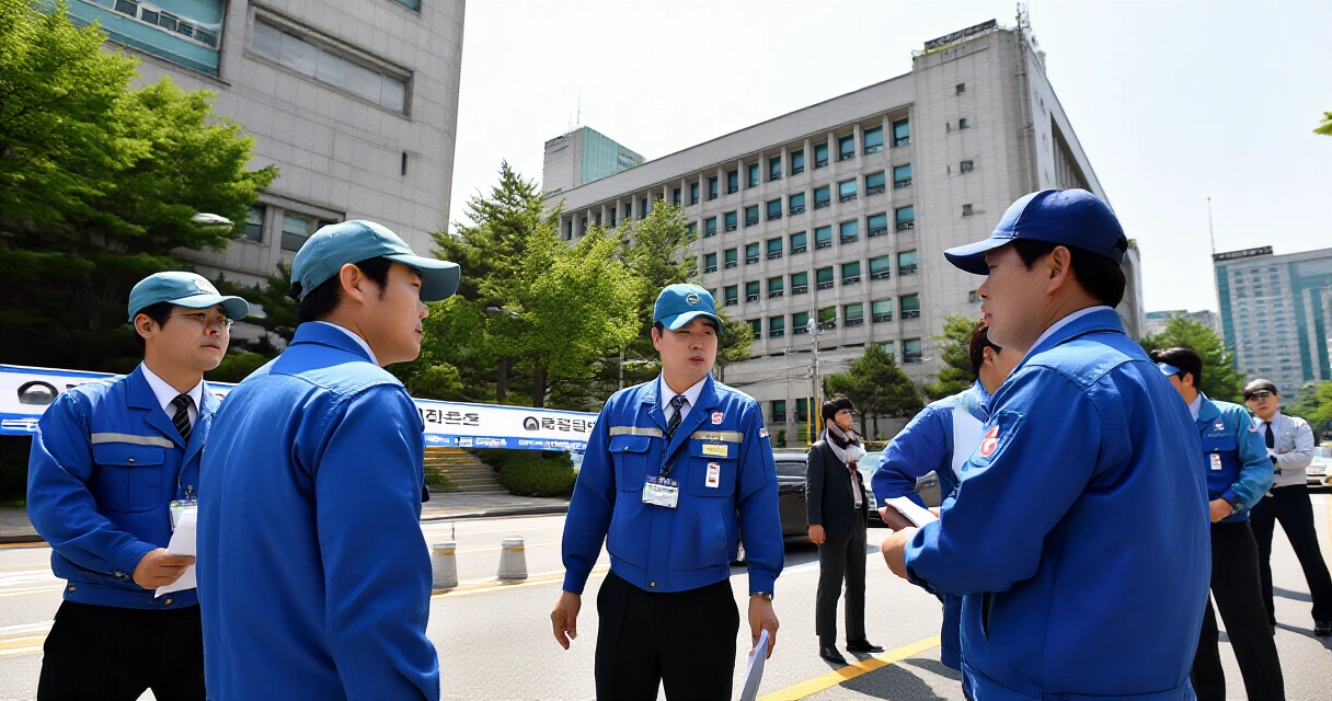 서울 정부 건물 앞 근로자들이 모여 대화하는 모습