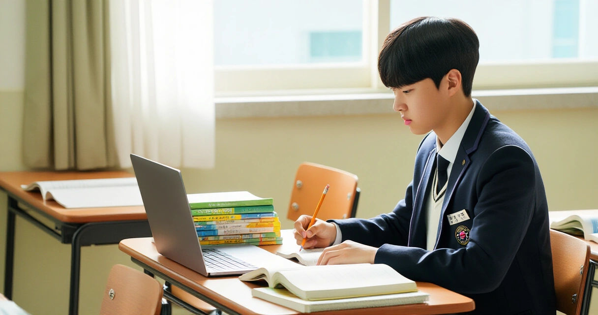 수능 인강을 공부하는 한국 고등학생, 책상 위 교재와 노트